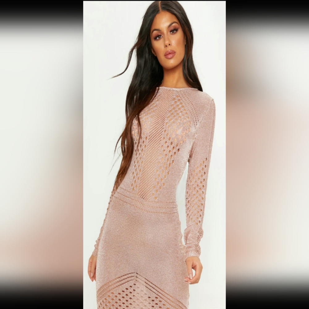Rose Gold Metallic Knitted Long Sleeve Dress
